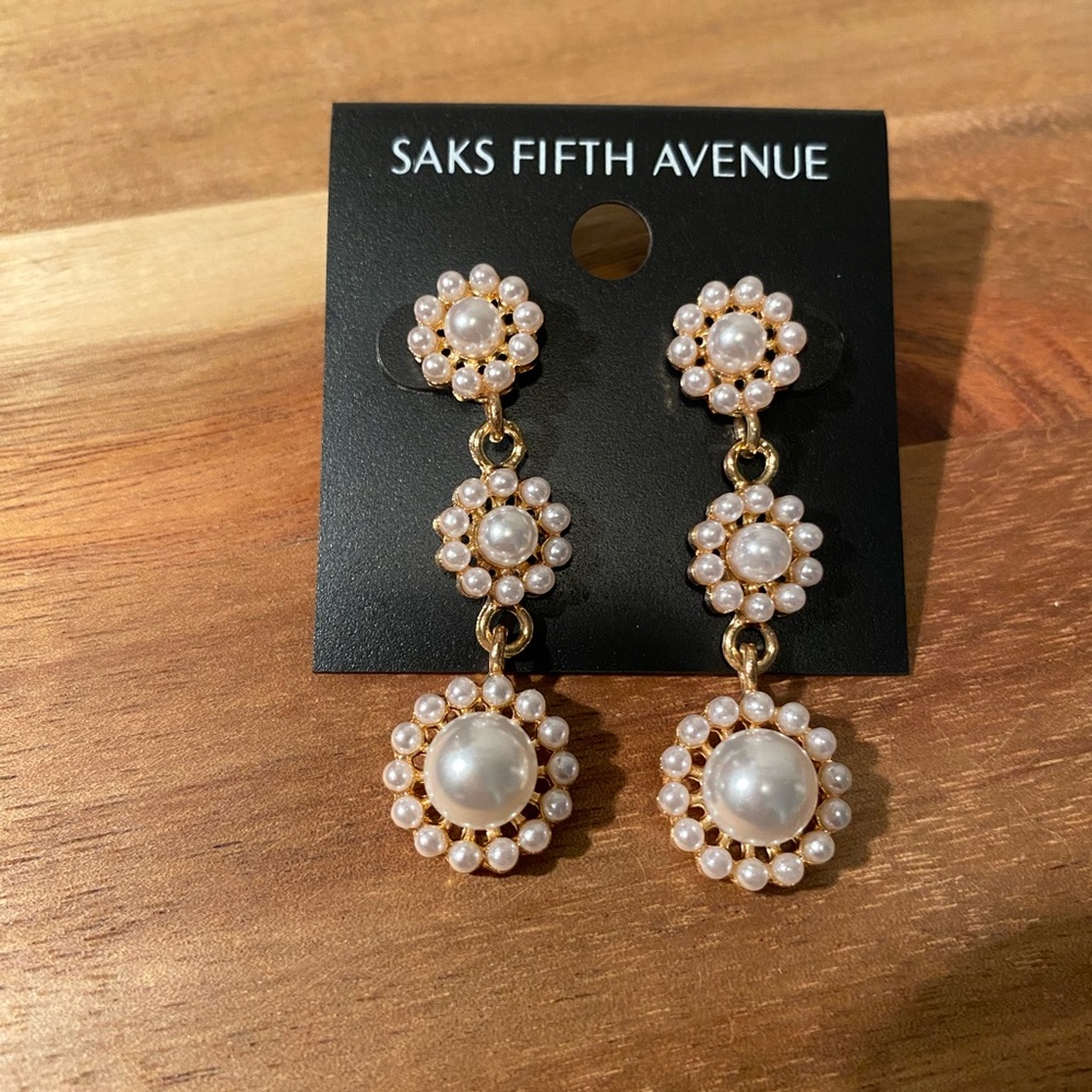 Saks Fifth Avenue Gold and Pearl Drop Earrings